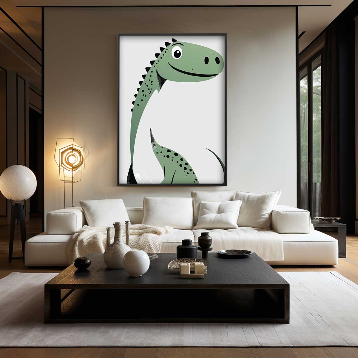 Vriendelijke Dino Illustratie – canvas wanddecoratie in portret formaat