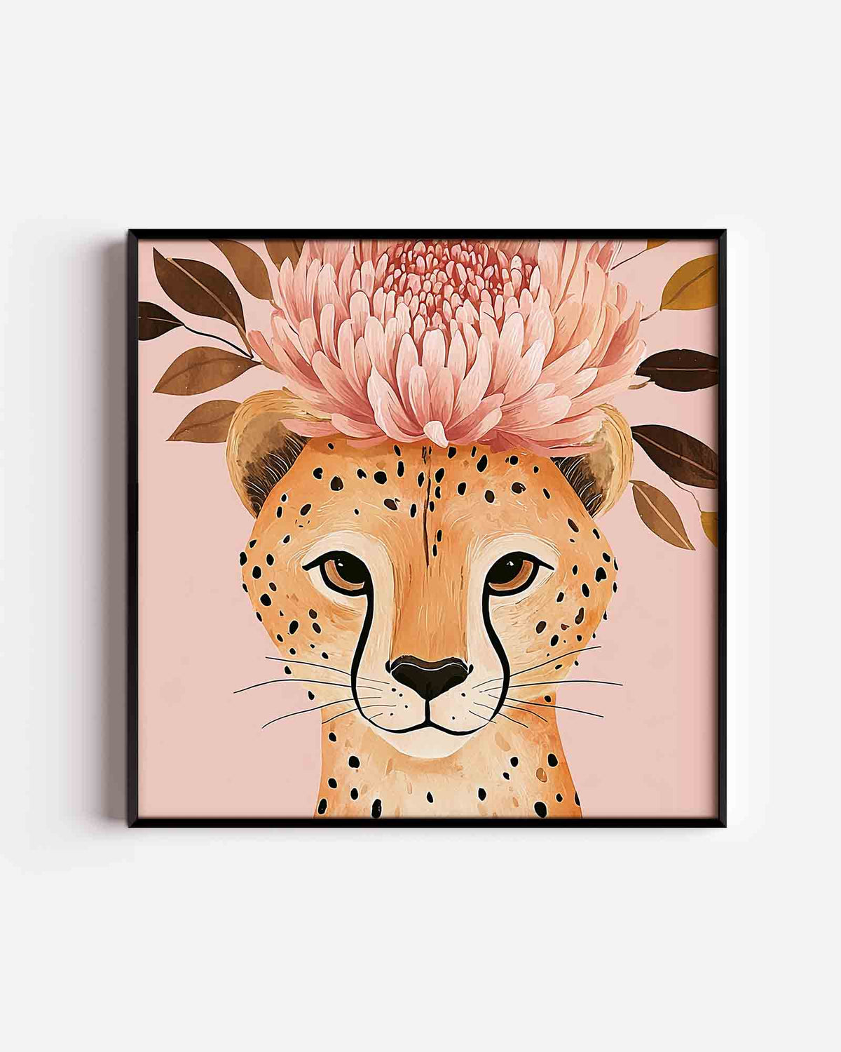 Luipaard met bloemen – vierkante dierenposter als wanddecoratie