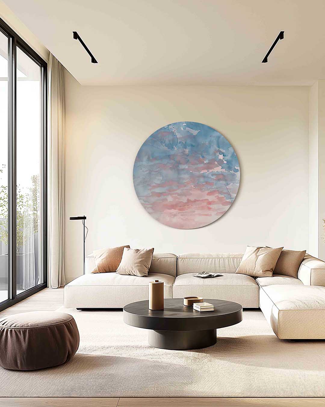 Blauwe en roze wolken – kleurrijke muurcirkel als ronde wanddecoratie