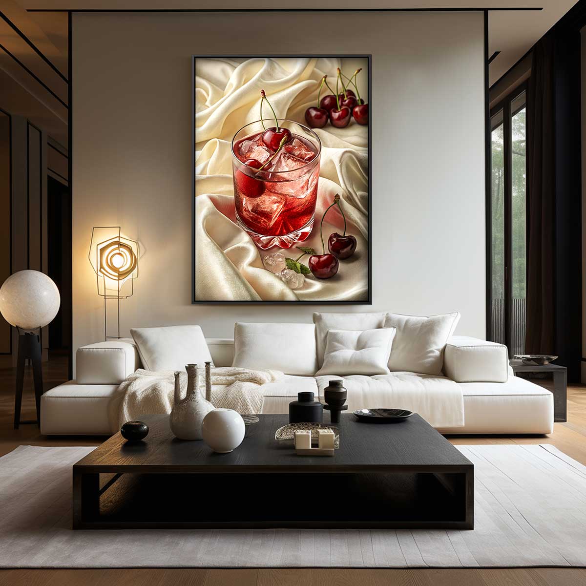 Kersen Cocktailexplosie op Zijde – staand kunstwerk voor modern interieur
