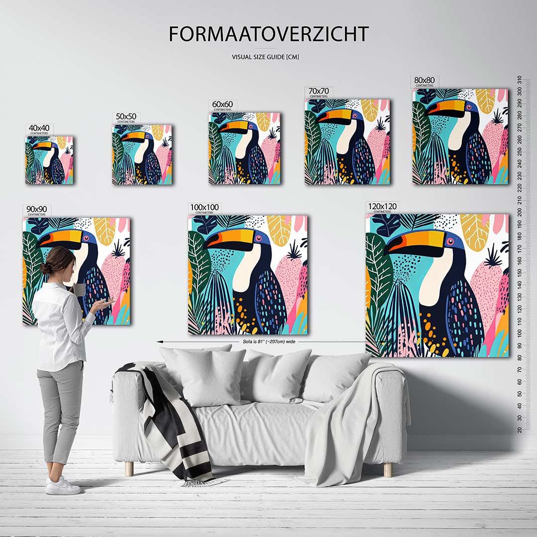 Vrolijke toekan illustratie kunstwerk – dit werk toont een kleurrijke toekan omringd door levendige bladeren. De speelse
