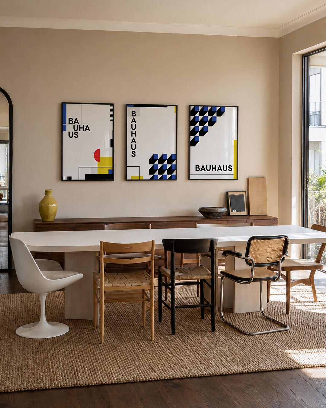 Kleurrijke vlakken driedelige posterset – deze posterset in drie delen speelt met primaire kleuren en strakke lijnen. Zwarte