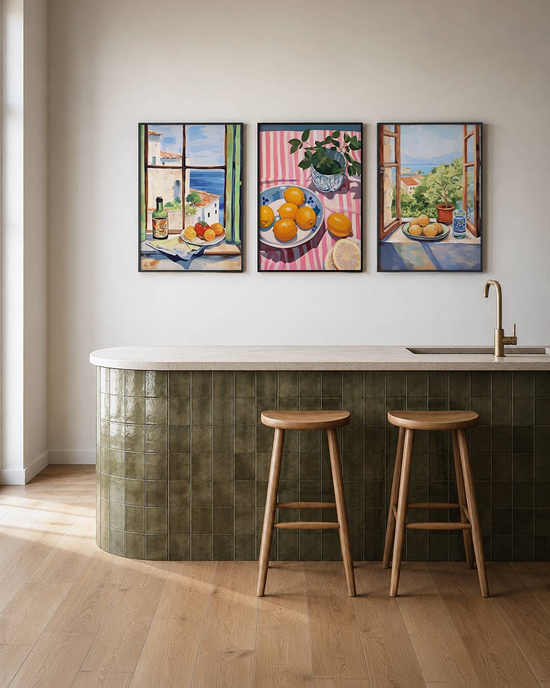 Vensterzicht en kleuren – een zonnig uitzicht door een raam met groene gordijnen – weergave 2