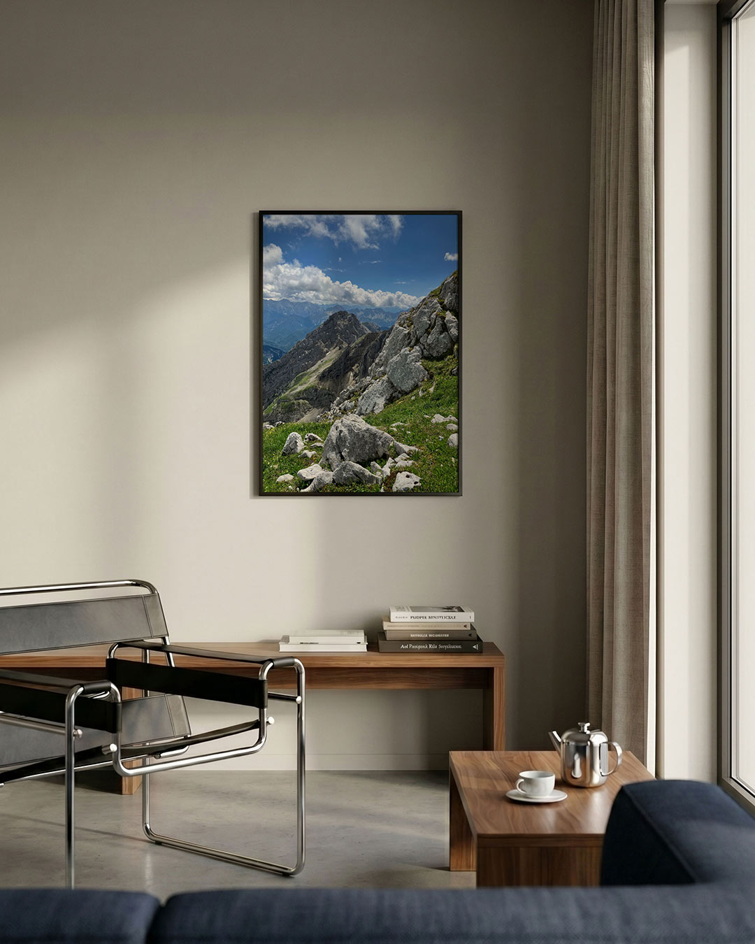 Berglandschap met rotsen poster – detailweergave – deze poster toont een indrukwekkend berglandschap met ruige rotsen en een