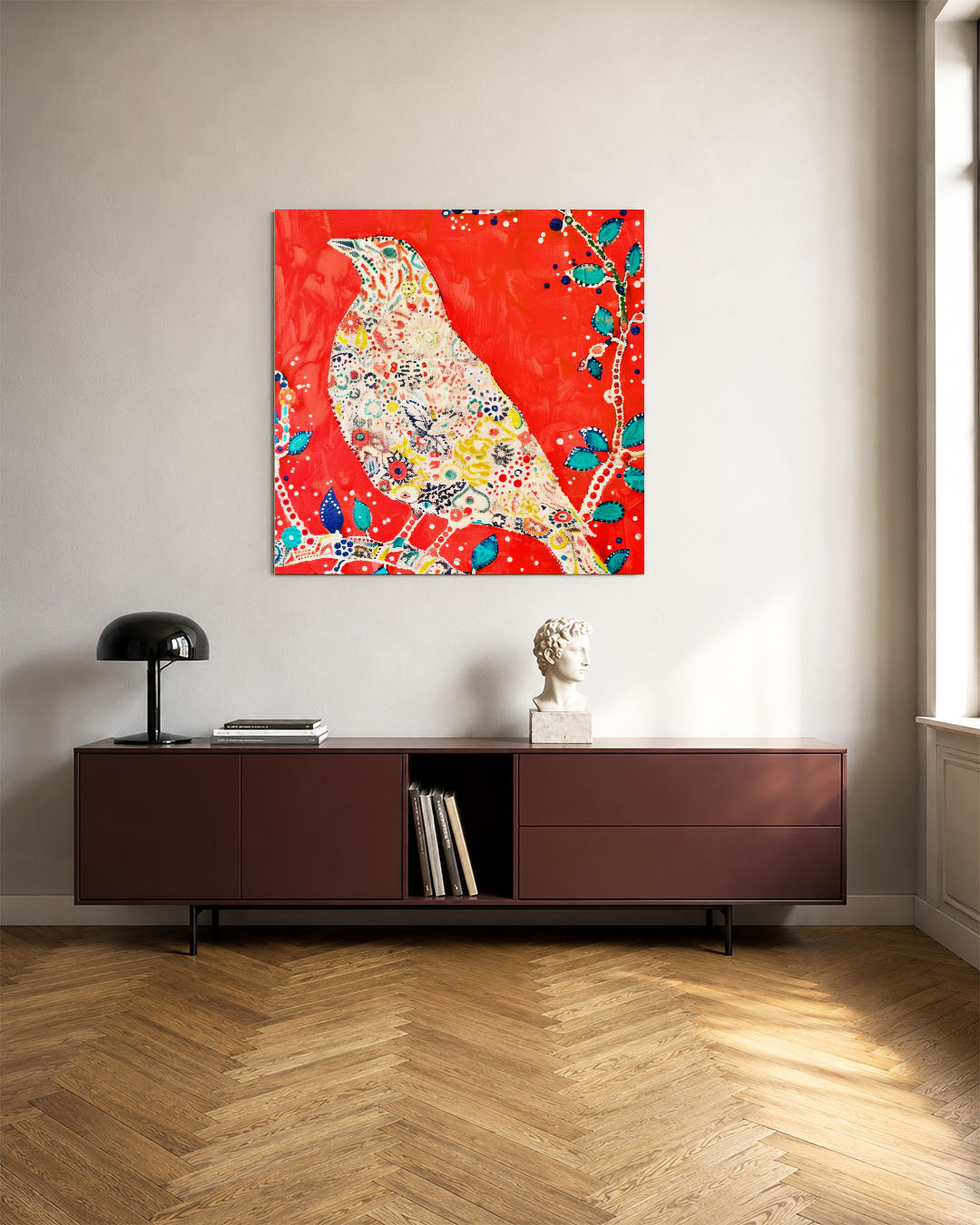 Vogel met bloemenpatroon kunstwerk – tweede productweergave – dit kunstwerk toont een vogel met een kleurrijk bloemenpatroon