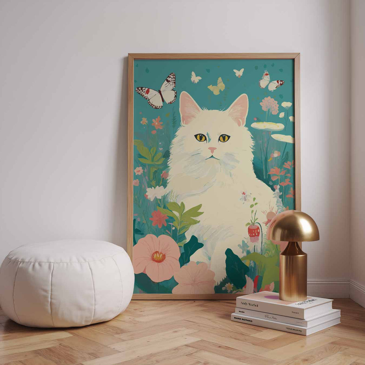 Dromerige Kat in Bloementuin – dieren poster in staand formaat