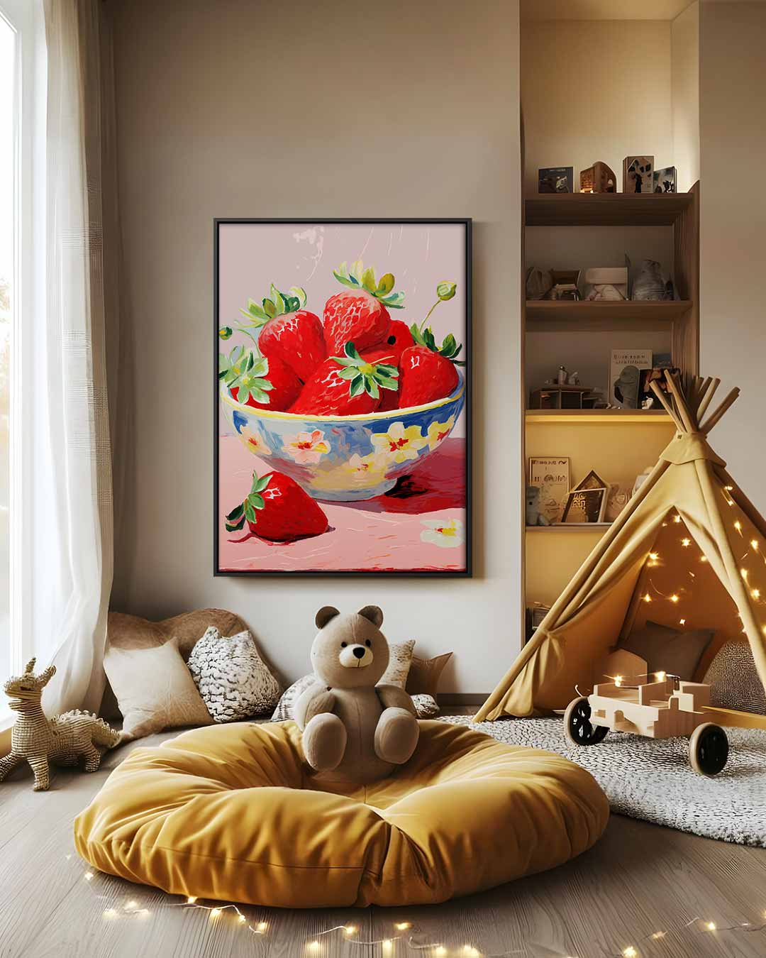 Aardbeien in Bloemenschotel – modern portret kunstwerk van WallArtistic