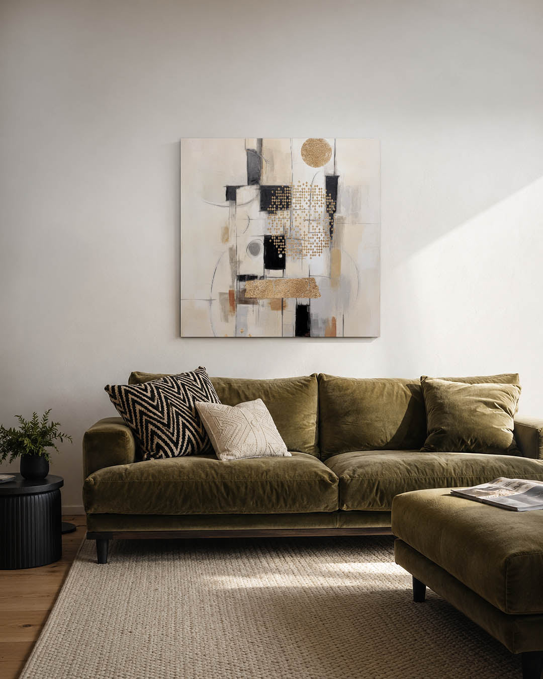 Geometrische compositie kunstwerk – derde productweergave – dit werk toont een dynamische mix van geometrische vormen en