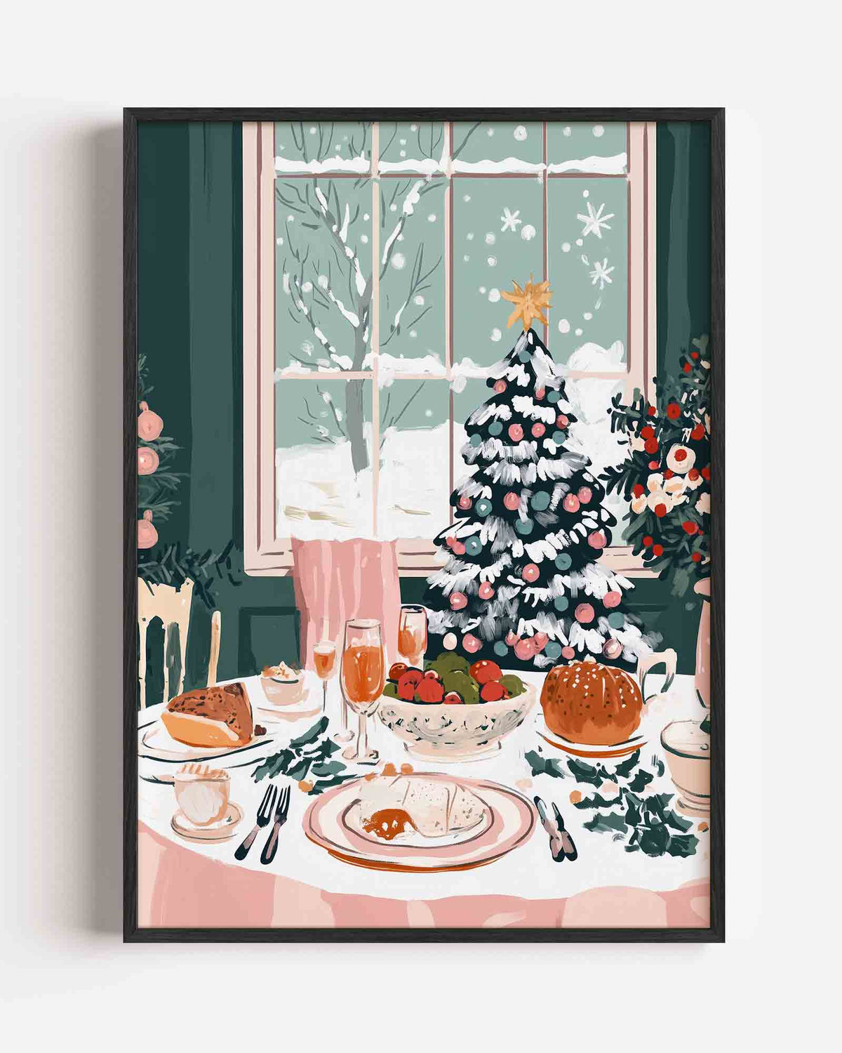 Kersttafel met boom – kerst portret poster als wanddecoratie