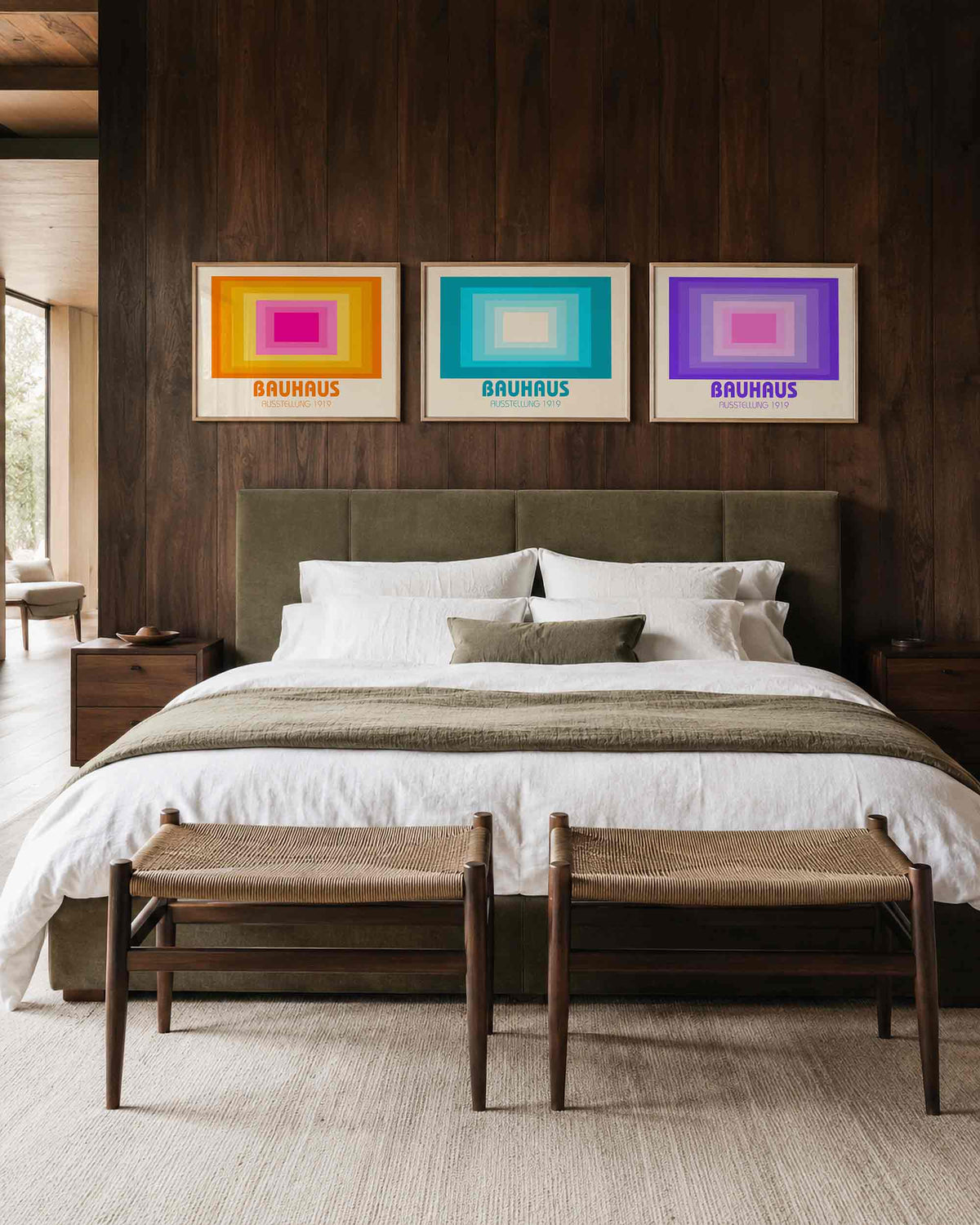 Interieurmockup van drieluik landscape-posterset met gelaagde kleurkaders