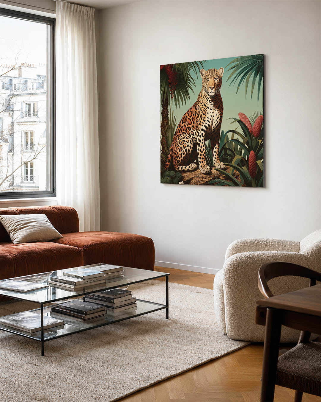 Tropische dierenwereld kunstwerk – vierkante wanddecoratie – dit kunstwerk toont een majestueuze luipaard te midden van