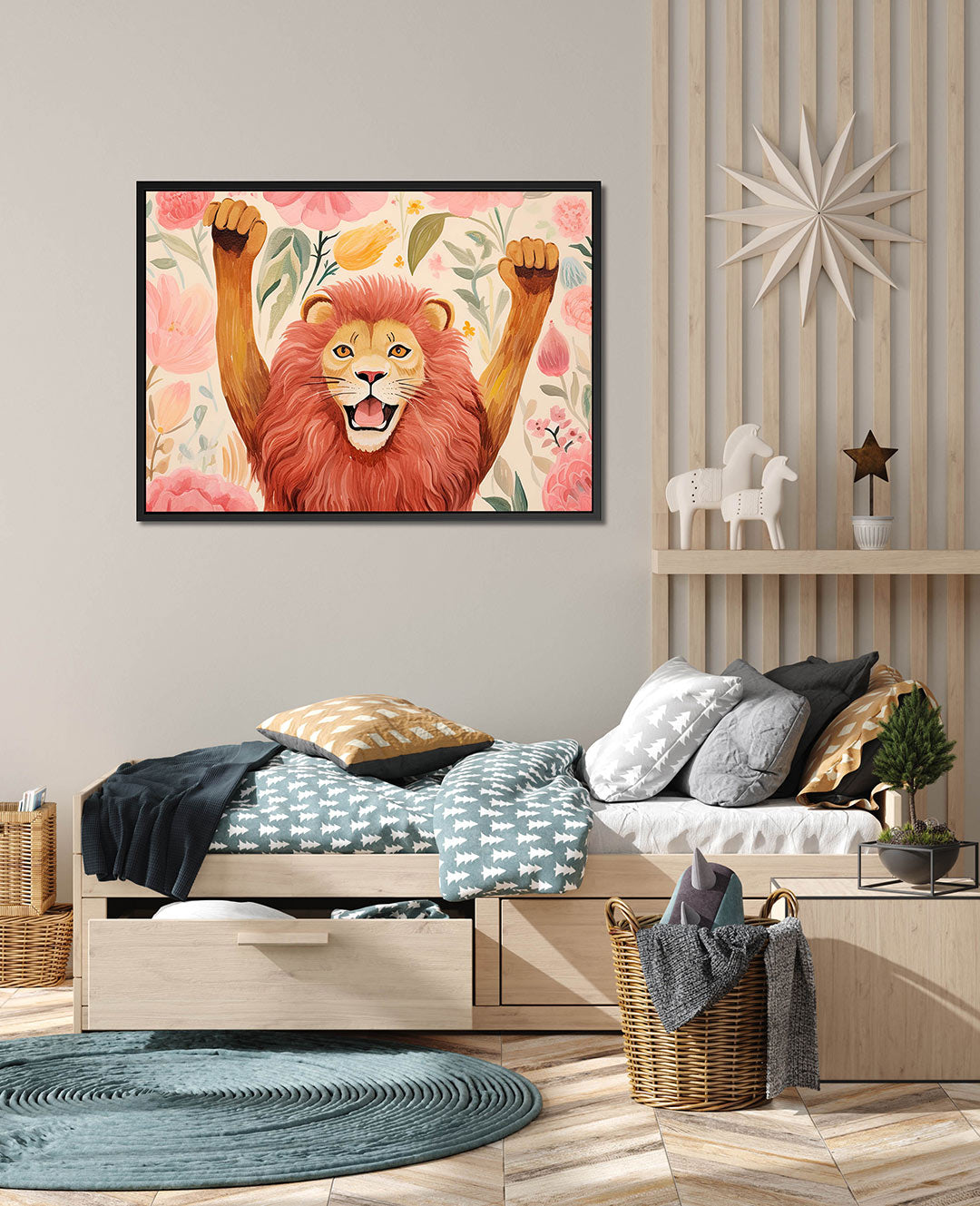 Leeuw en bloemen – wanddecoratie in interieur