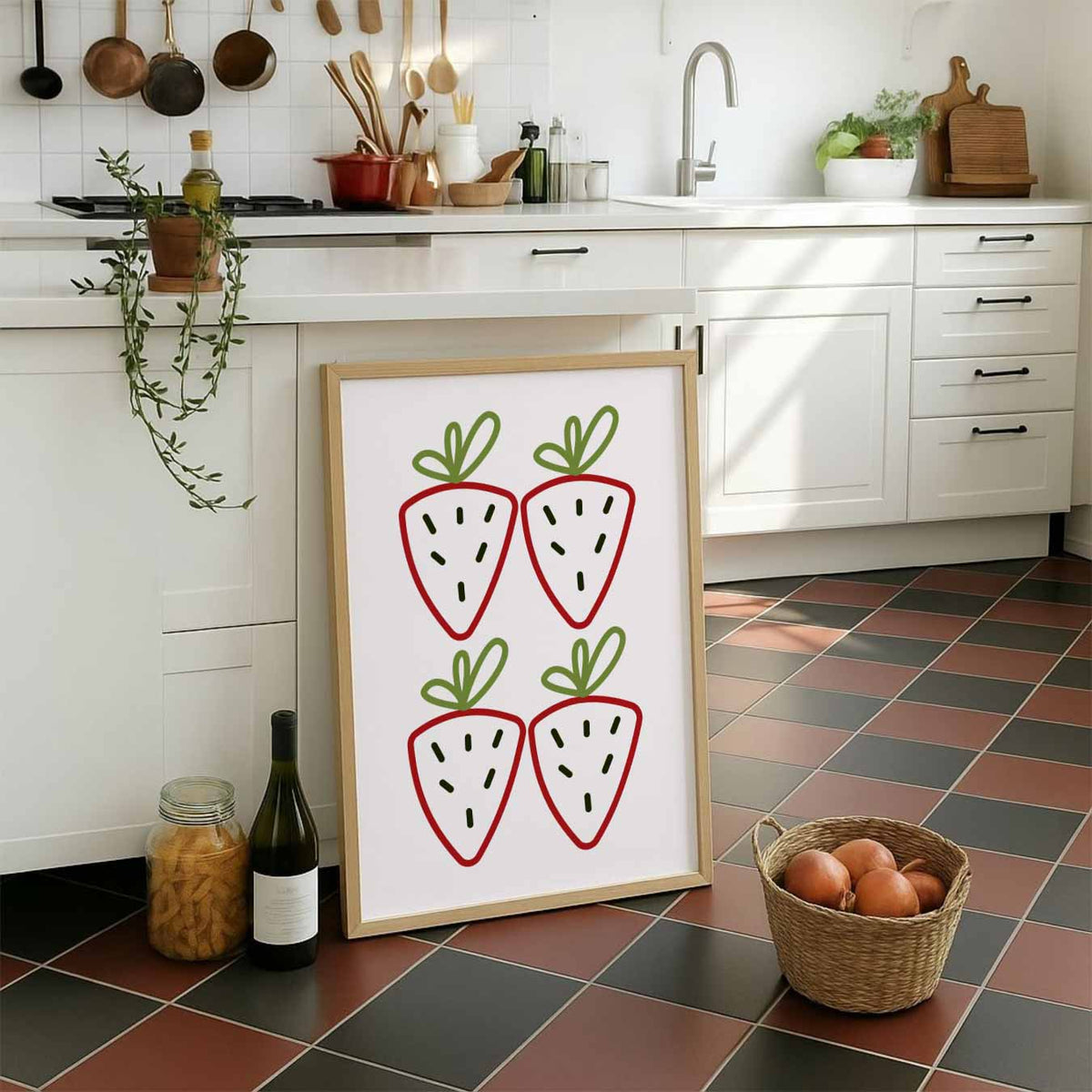 Vrolijke Aardbei Illustratie – staande muurposter voor keuken of eethoek