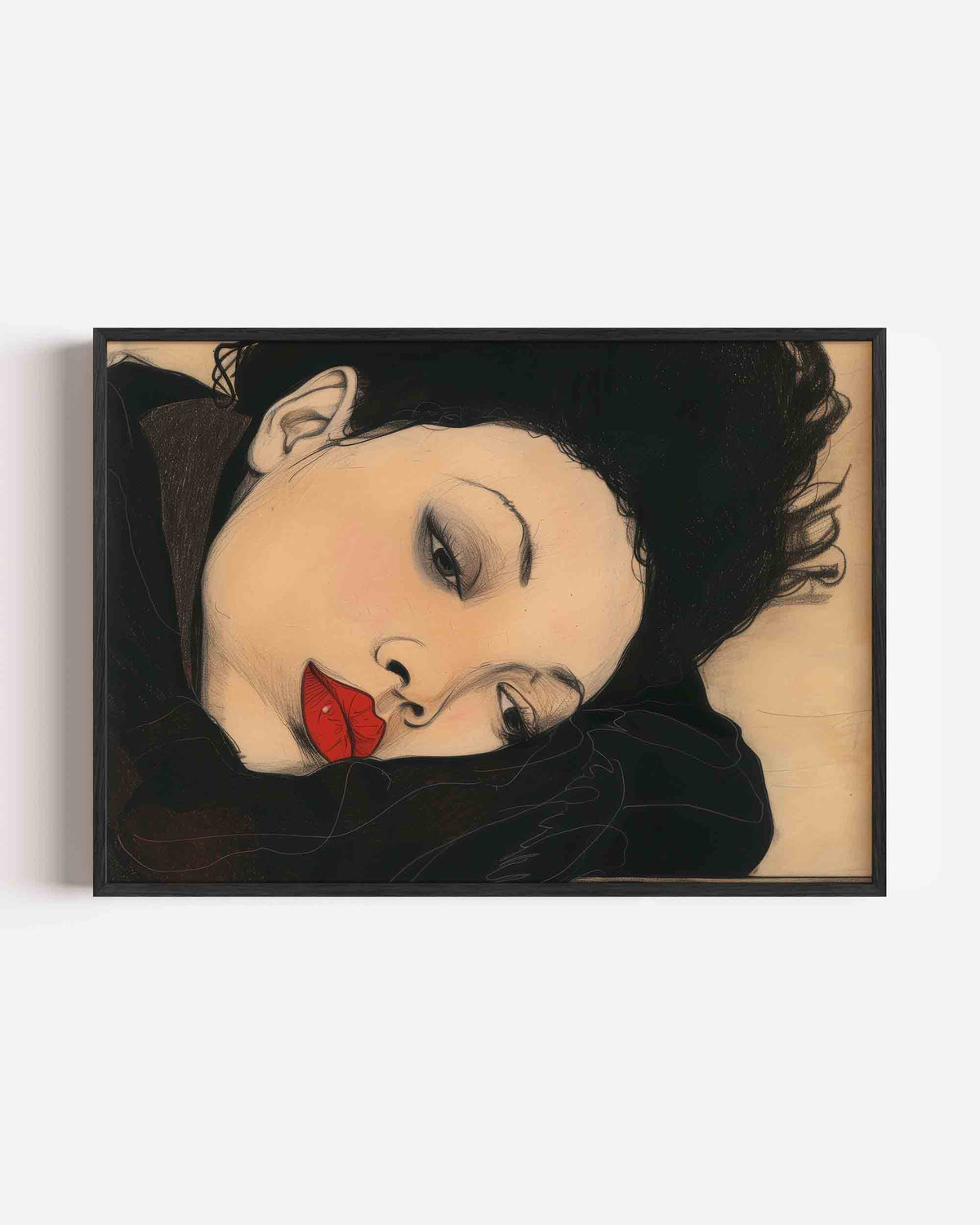 Portret met rode lippen – hedendaagse illustratie poster in landscape formaat