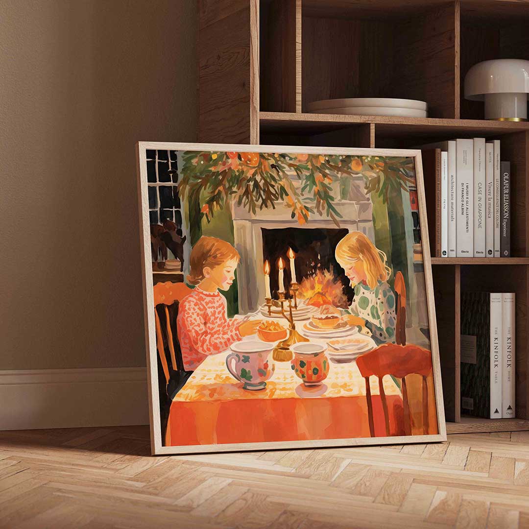 Kinderen bij open haard – vierkante kerst wanddecoratie van WallArtistic