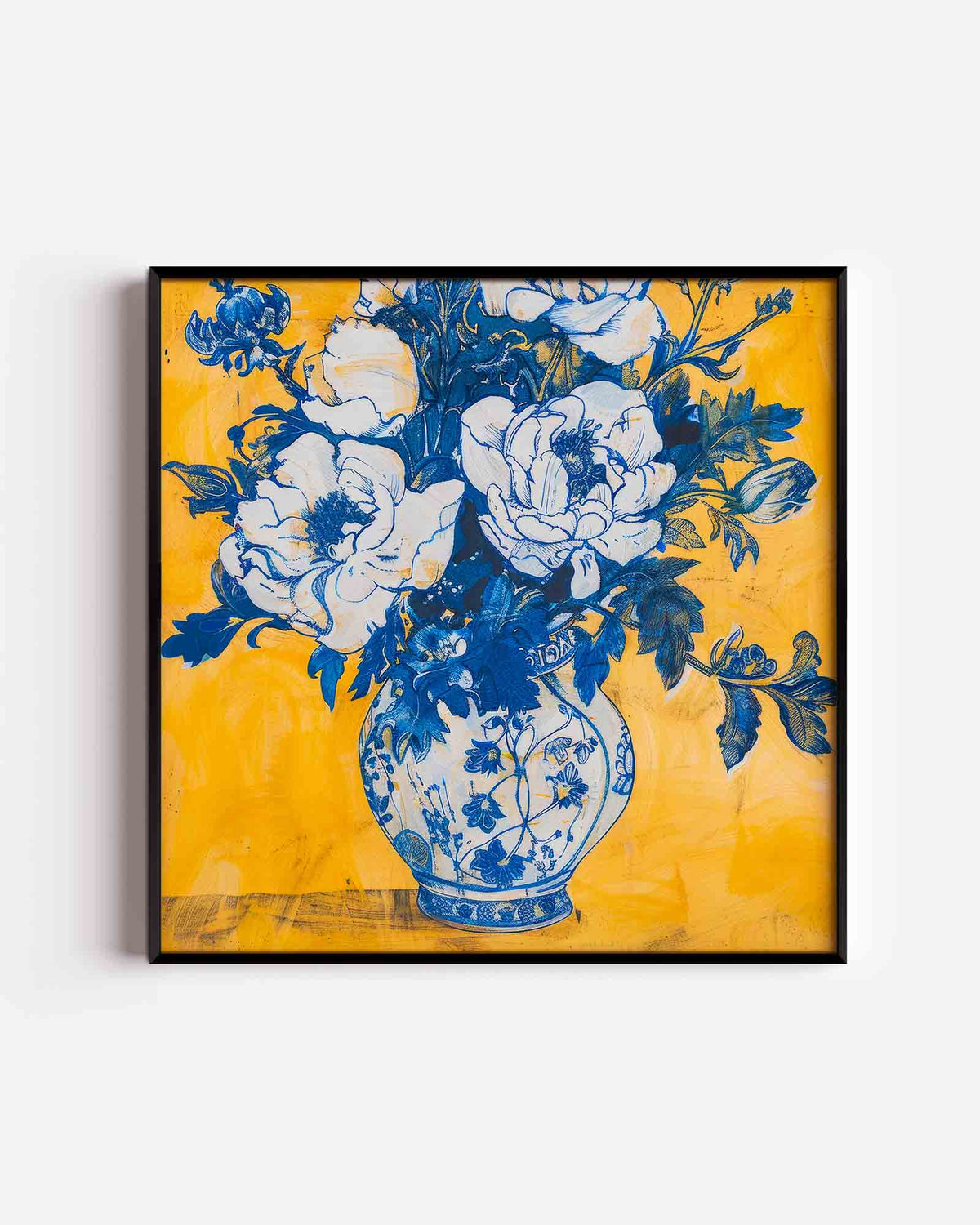 Blauwe bloemen in vaas – kleurrijke illustratie poster als wanddecoratie