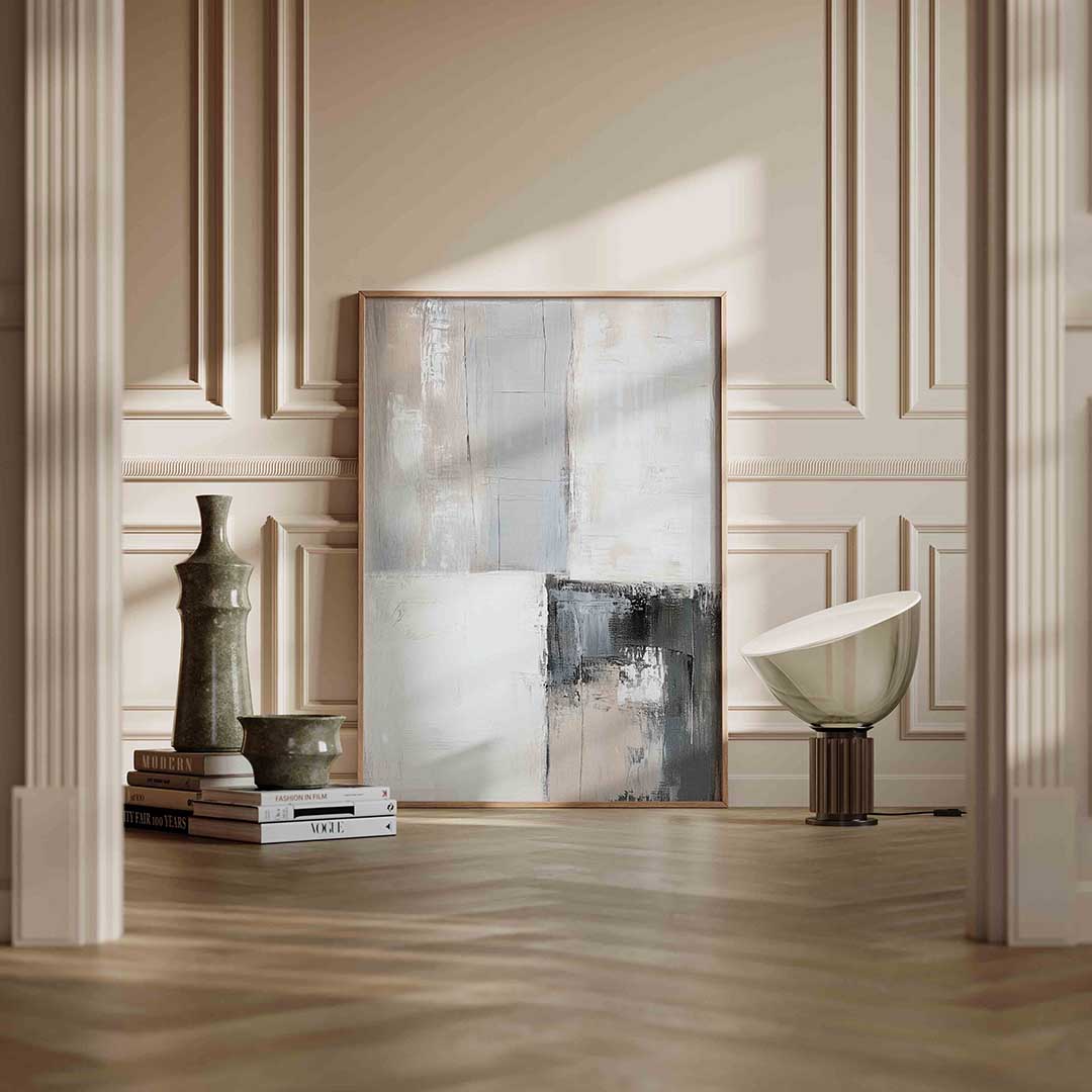 Abstracte grijze vlakken – staande abstracte wanddecoratie van WallArtistic