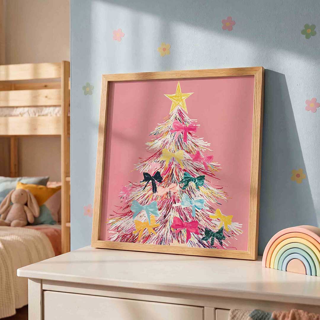 Kerstboom met strikken – speelse wandkunst als vierkante kinderposter