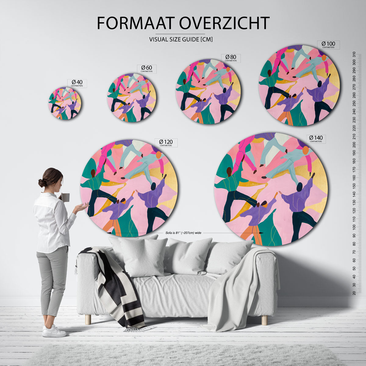 Dansende figuren – ronde muurdecoratie met kleur en vorm