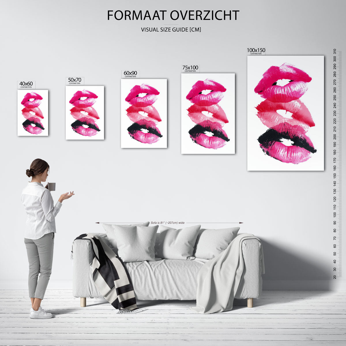 Kleurrijke lippenafdrukken – staand wanddecoratie kunstwerk