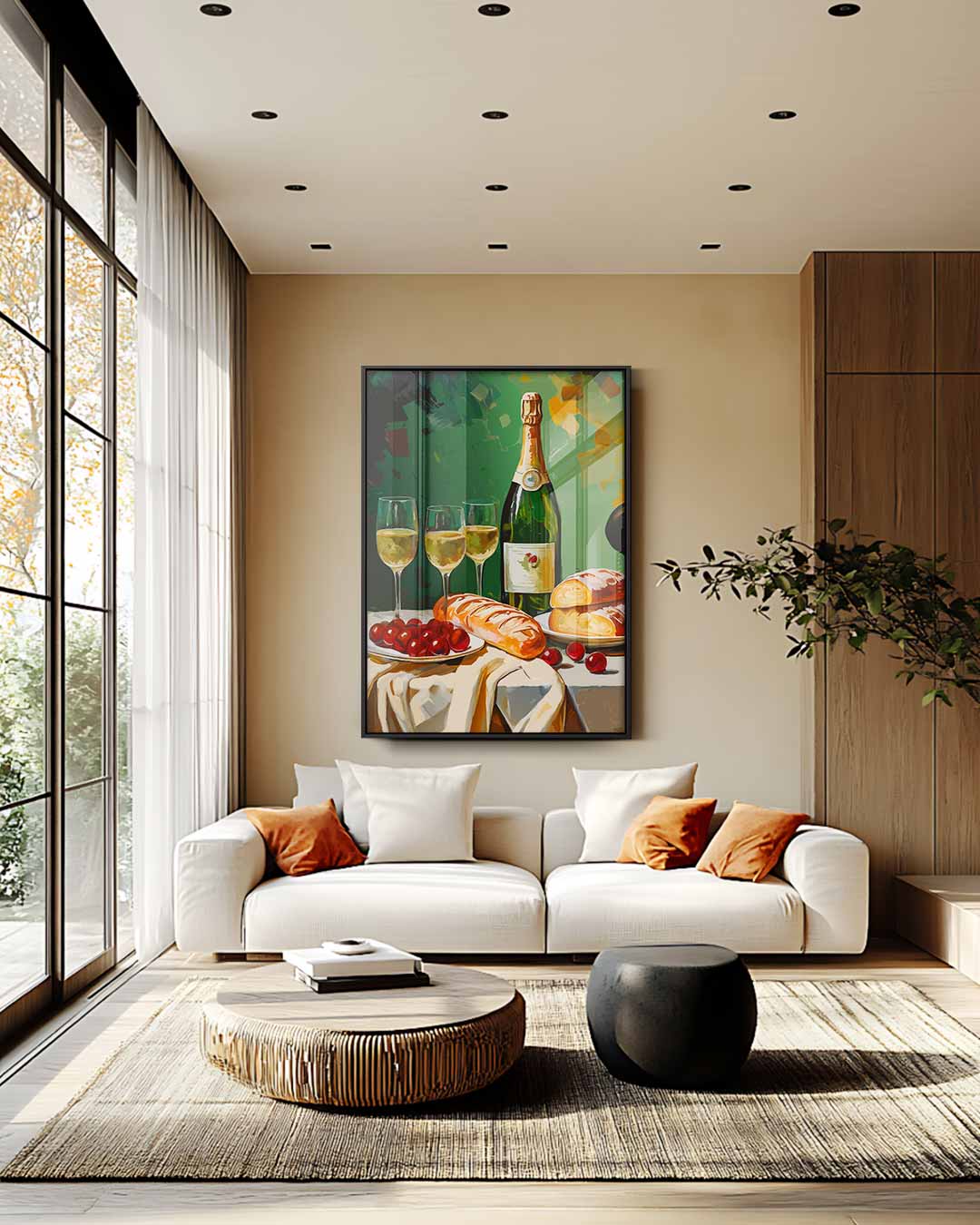 Luxe Stilleven met Champagne en Brood – plexiglas wanddecoratie in portret formaat