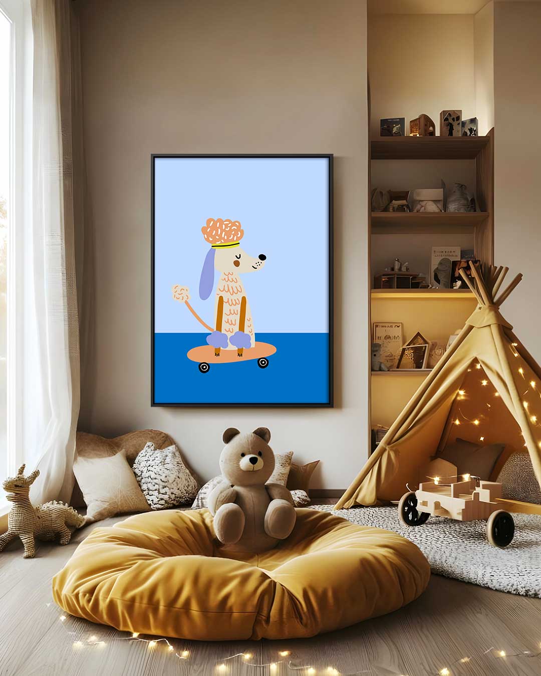Chille Poedel op Skateboard – modern portret kunstwerk van WallArtistic