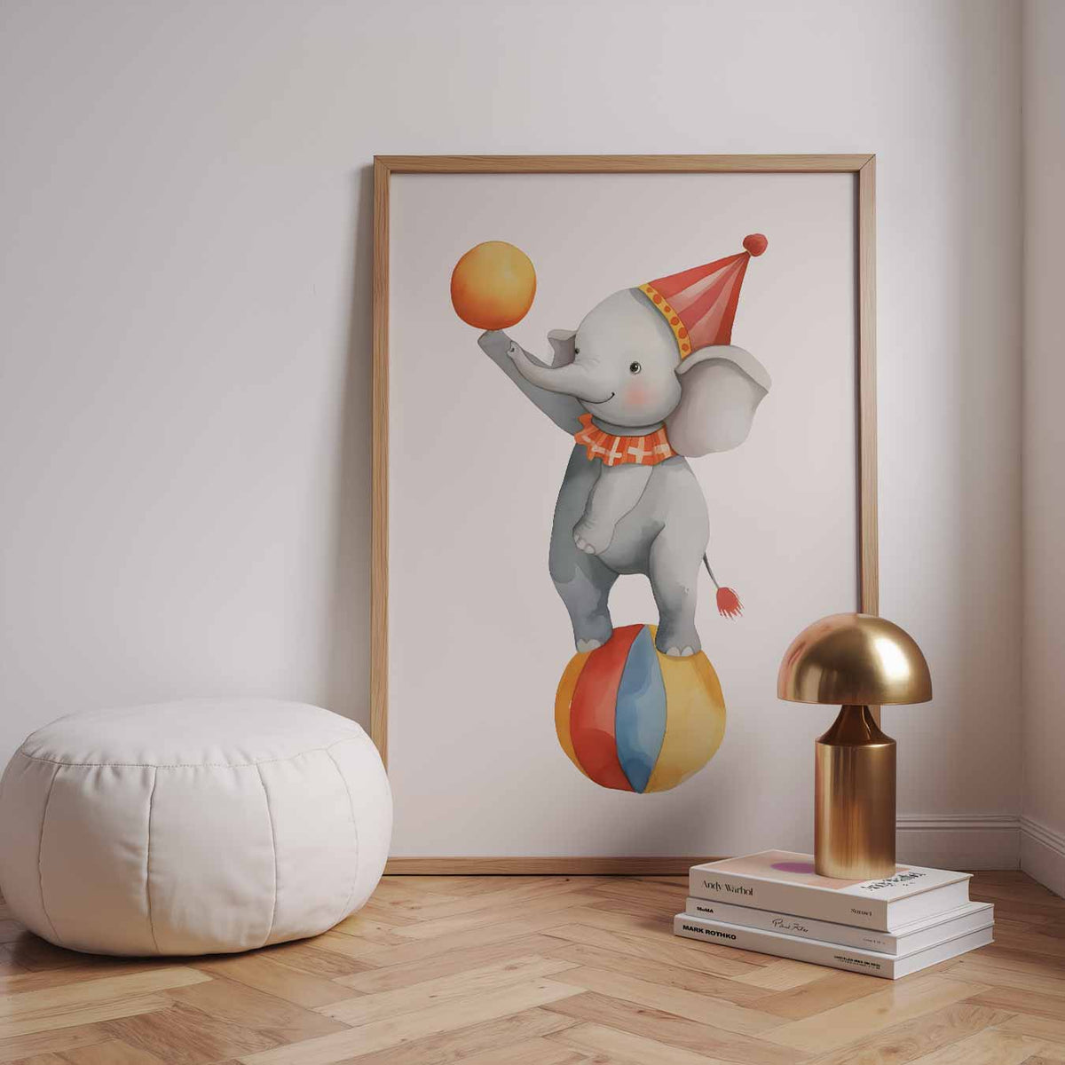 Schattige Olifant op Circusbal – speelse wandkunst als portret kinderposter