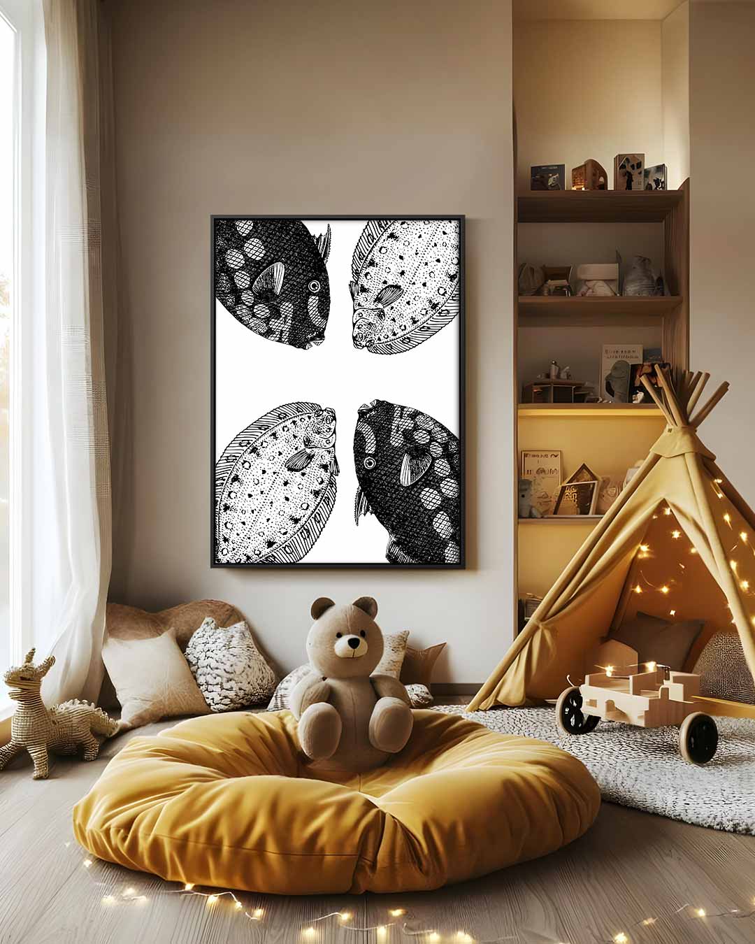 Zeesymfonie Vissenkunst – dibond wanddecoratie in staand formaat