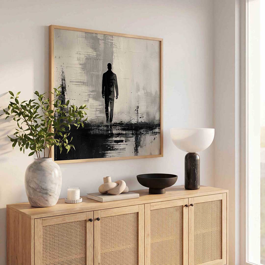 Silhouet van wandelende man – abstracte wandkunst als vierkante poster