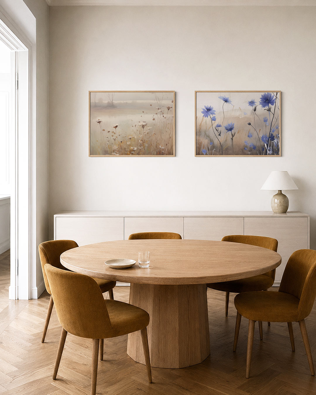 Twee liggende posters met delicate bloemen tegen een wazige achtergrond, aan de muur in een interieur