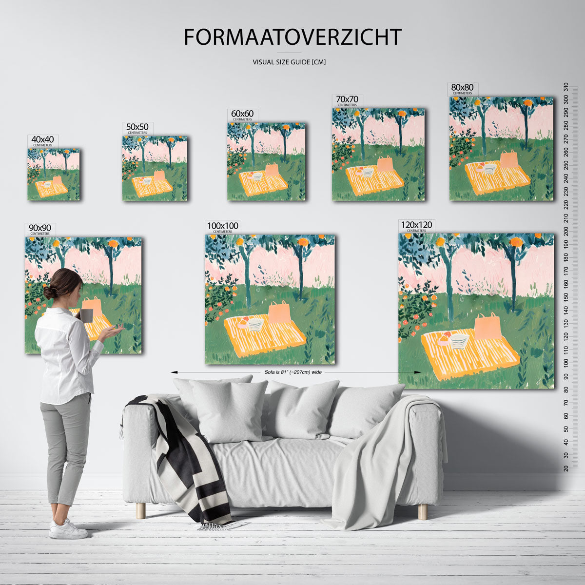 Picknick onder sinaasappelbomen – vierkante muurposter met kleurrijke illustratie