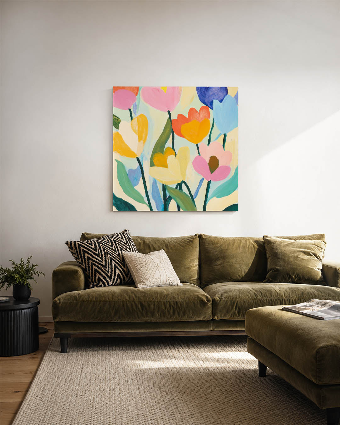 Bloemrijke kleurenpracht kunstwerk – sfeerbeeld – dit kunstwerk toont een levendige compositie van kleurrijke bloemen. De