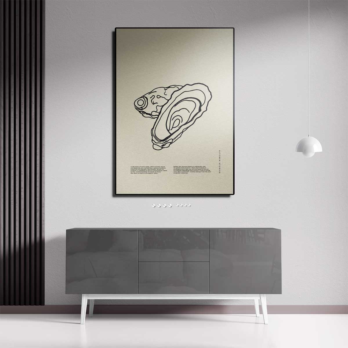 Oesterlijntekening op beige achtergrond – staande wandkunst voor woonkamer of interieur