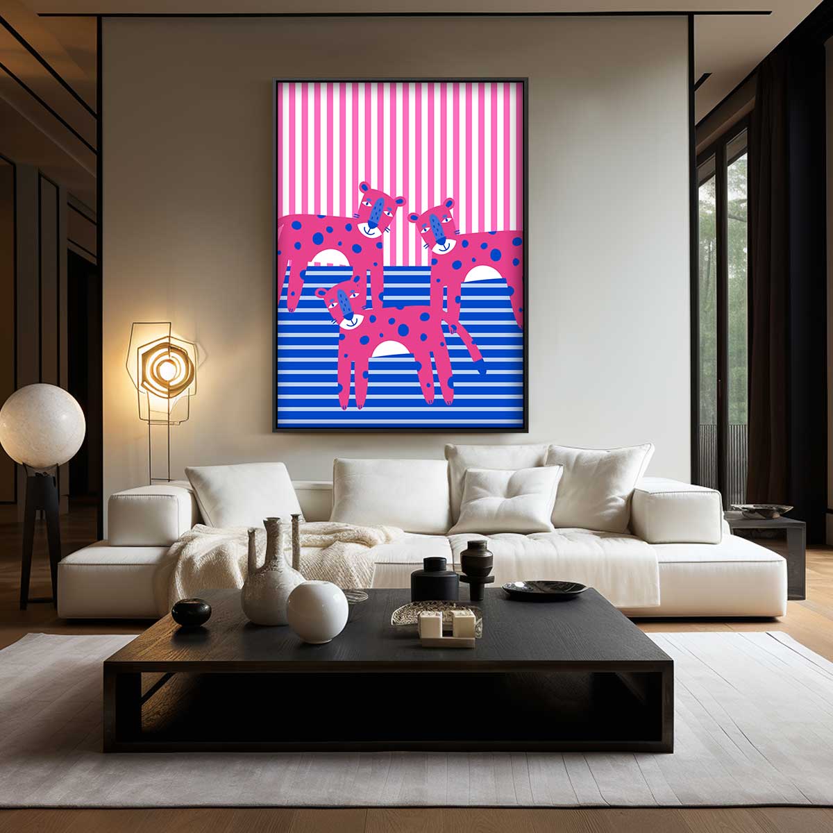 Vrolijke Roze Luipaarden – canvas wanddecoratie in portret formaat