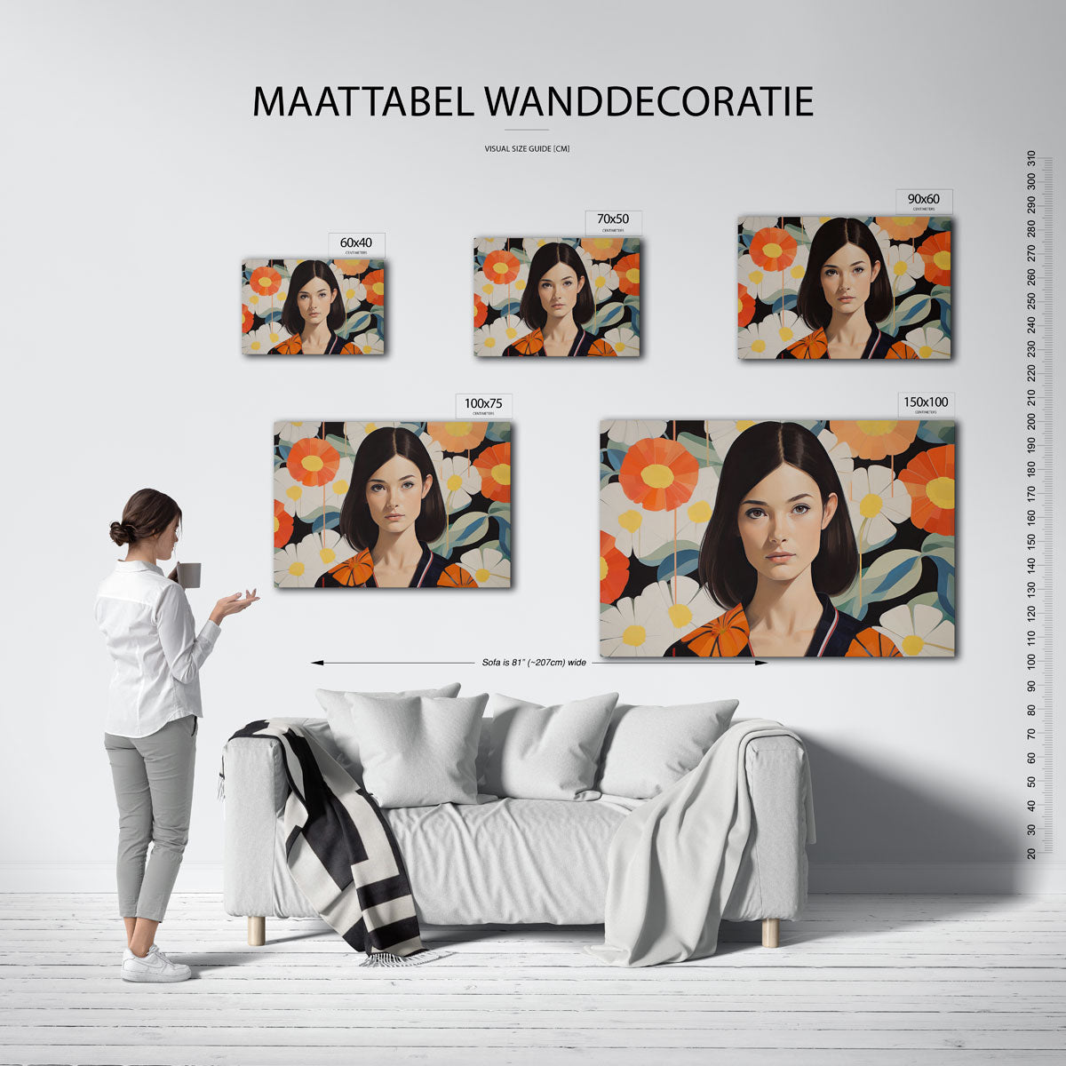 Vrouw met bloemen – moderne liggende wanddecoratie