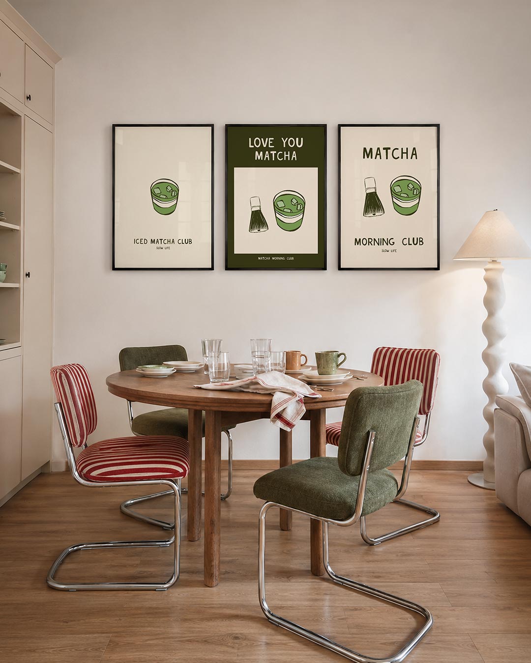 Groene drank illustratie driedelige posterset – een eenvoudige tekening van een groen drankje met