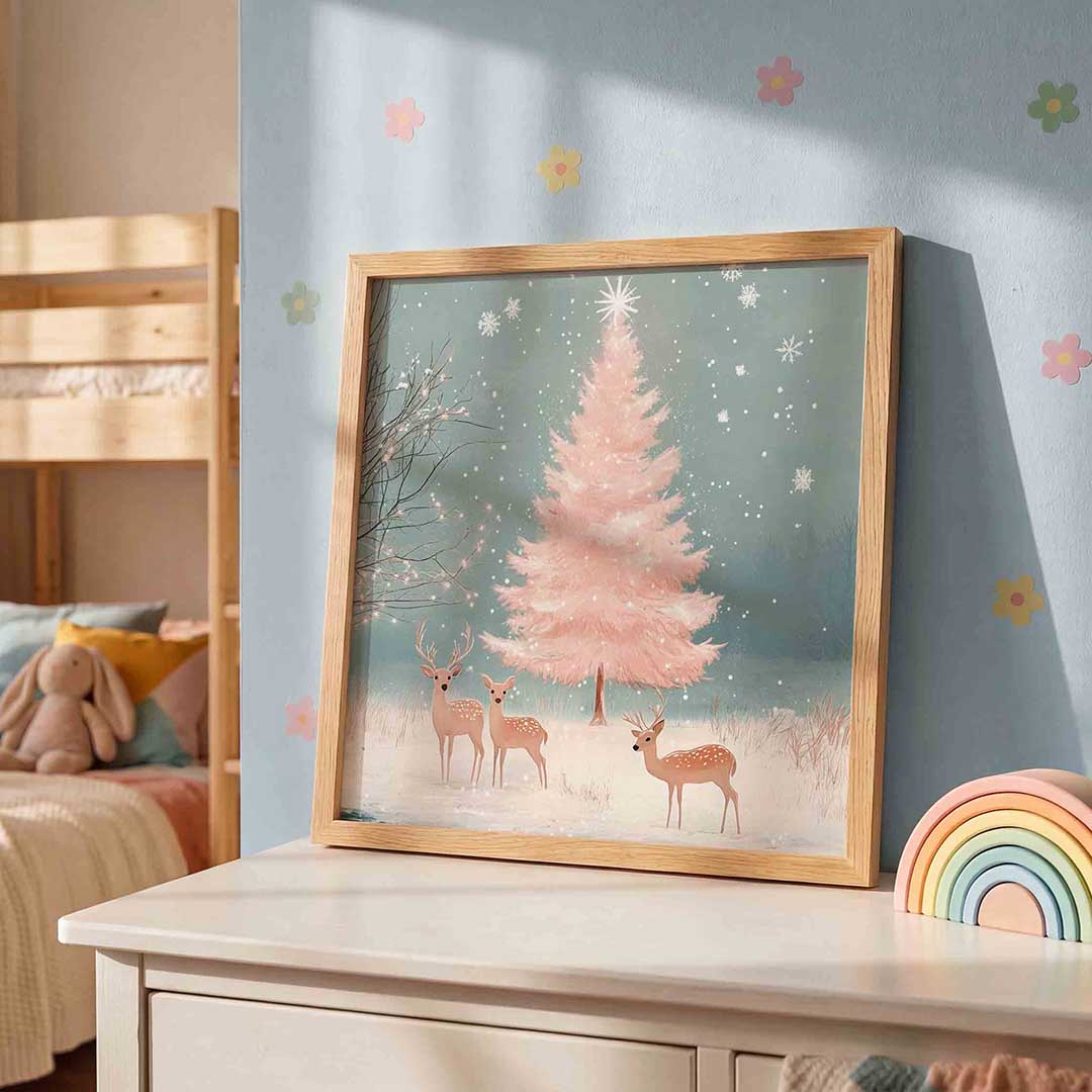Herten en roze boom – speelse wandkunst als vierkante kinderposter