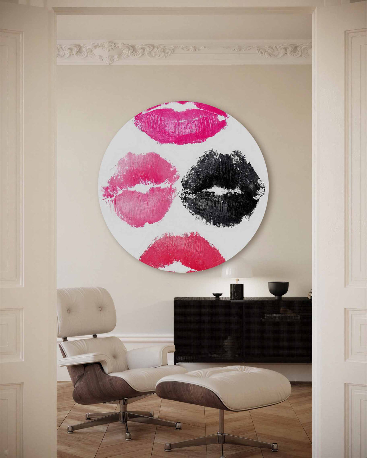 Lippenafdrukken – kleurrijke Pop Art muurcirkel voor aan de muur