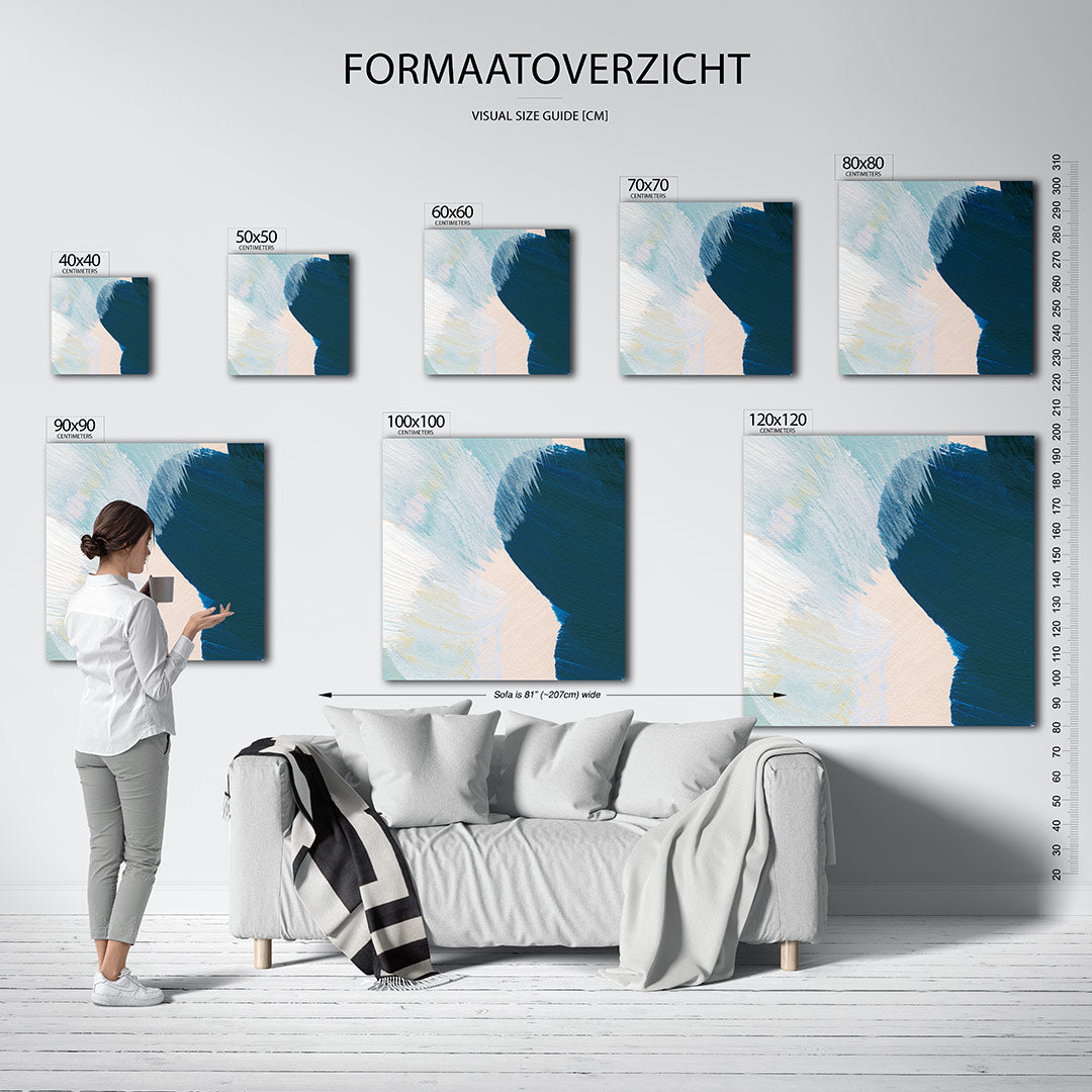 Kleurrijke vegen kunstwerk – dit werk toont een dynamisch spel van blauwe en beige vegen, met subtiele accenten van wit en