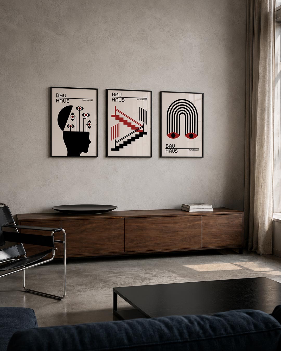 Ooglijnenspel posterset – tweede productweergave – een silhouet met lijnen die naar ogen leiden. Zwart, wit en rood creëren