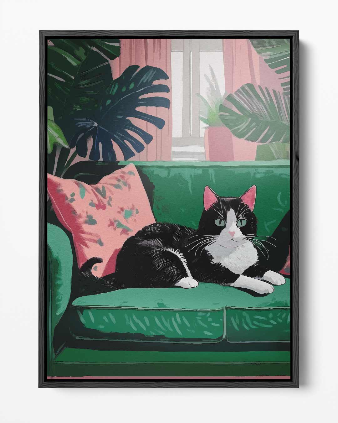 Gezellige Kat op Groene Bank – portret kunstwerk als wanddecoratie