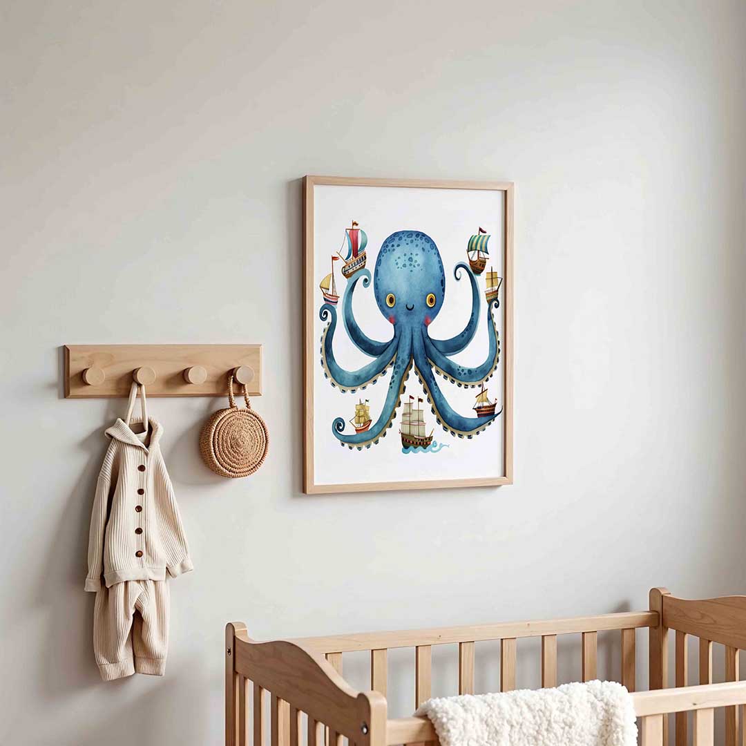 Blauwe octopus met schepen – kinderposter in staand formaat