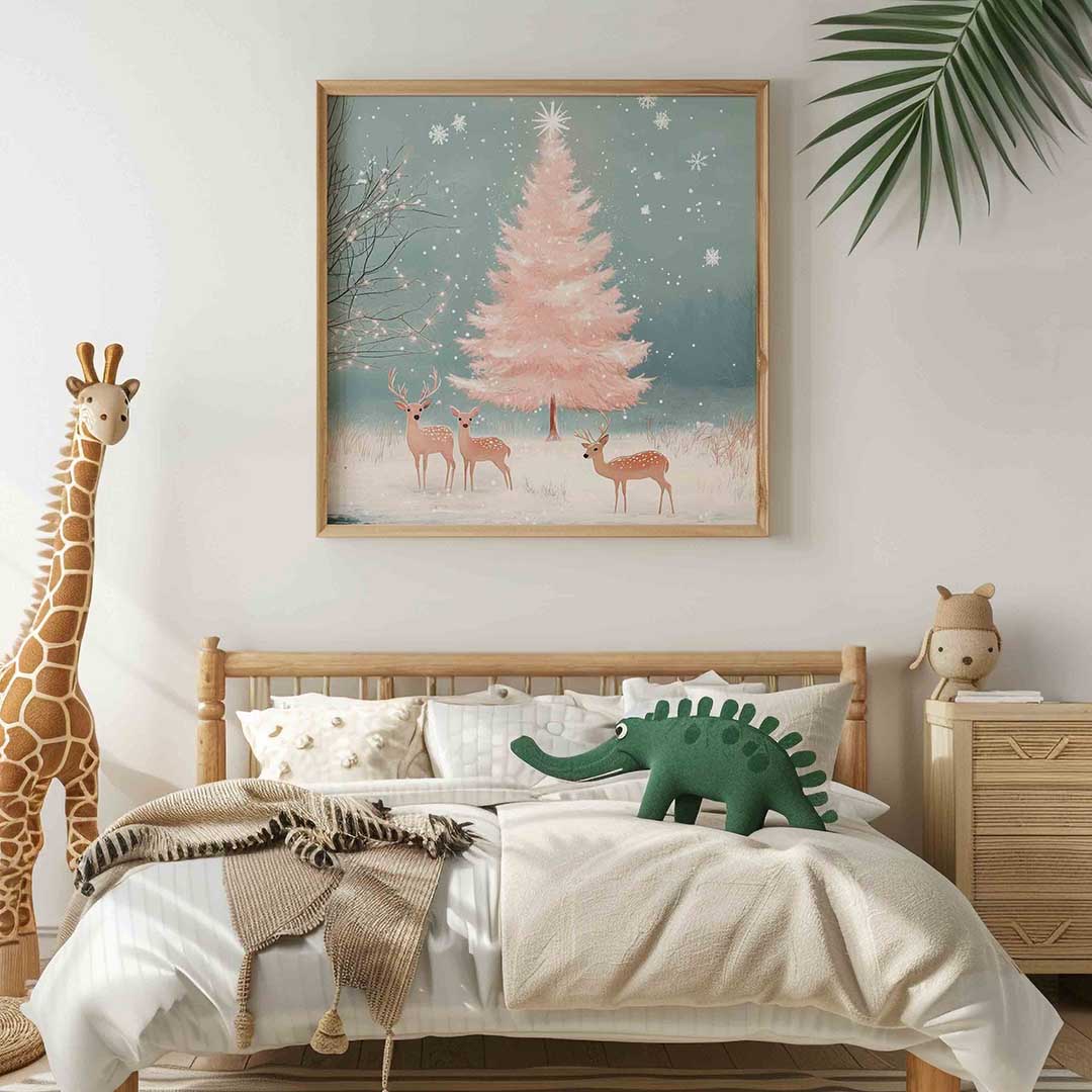 Herten en roze boom – vierkante kinderkamer wanddecoratie van WallArtistic