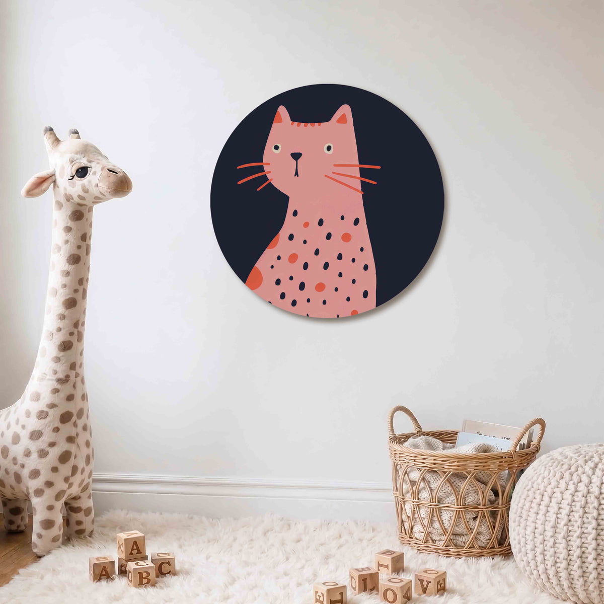 Roze kat Muurcirkel – Een roze kat met oranje en zwarte stippen tegen een donkere achtergrond.