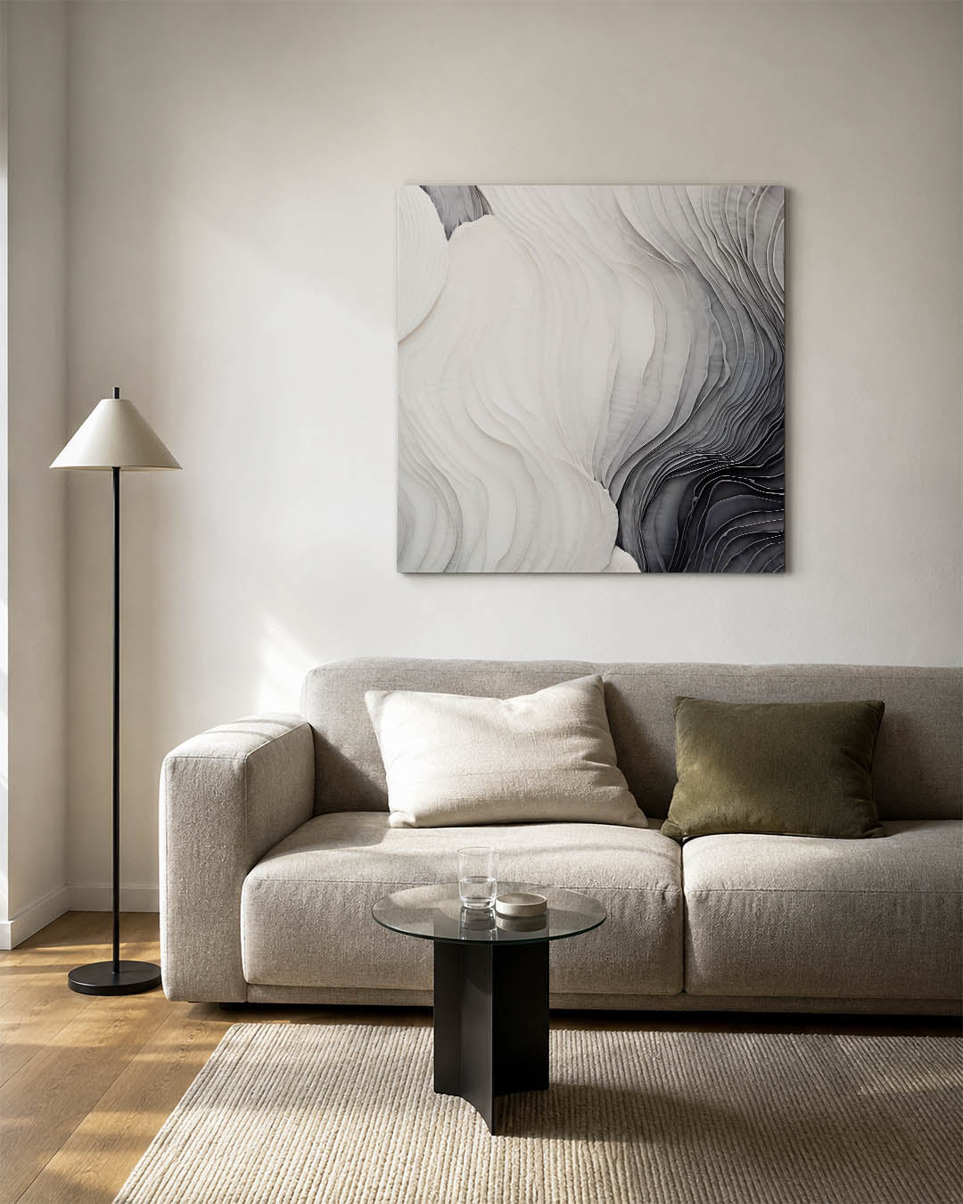 Golvende lijnen kunstwerk – vierkante wanddecoratie – dit kunstwerk toont vloeiende lijnen in zachte tinten. De gelaagde