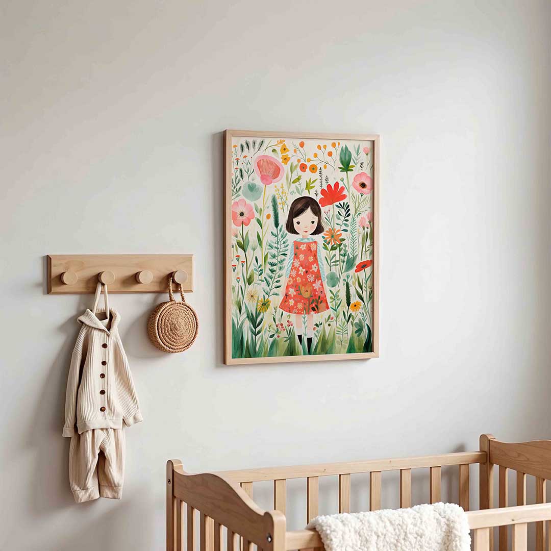 Meisje tussen bloemen – kinderposter in staand formaat