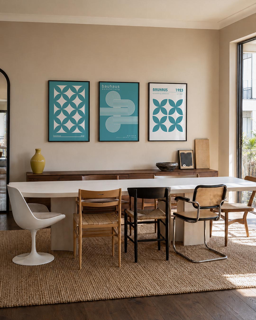 Vormenspel in blauw driedelige posterset – deze posterset in drie delen toont een ritmisch patroon van overlappende blauwe