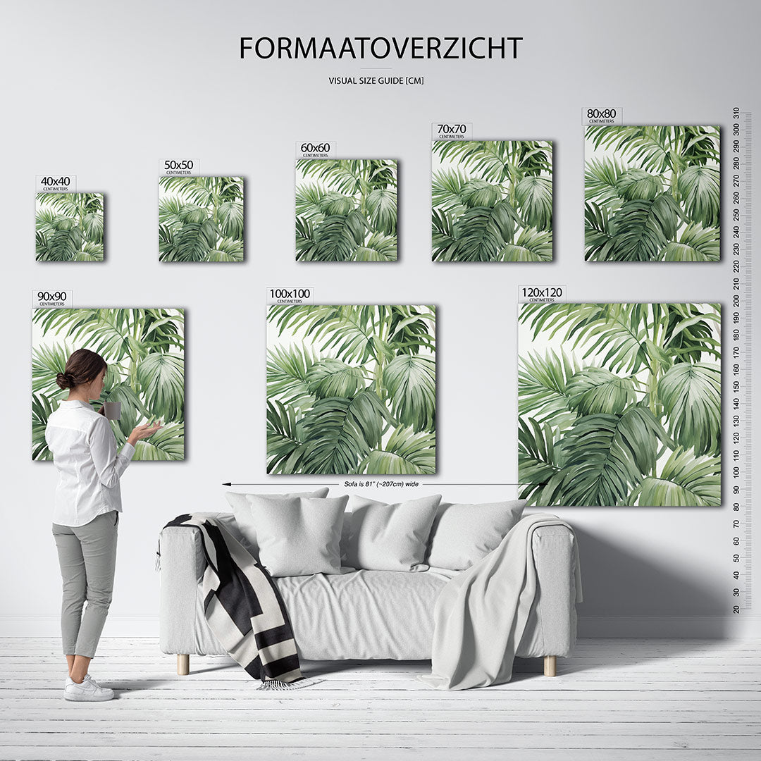 Groene bladeren compositie kunstwerk – dit werk toont een weelderige verzameling groene bladeren, met vloeiende lijnen en een