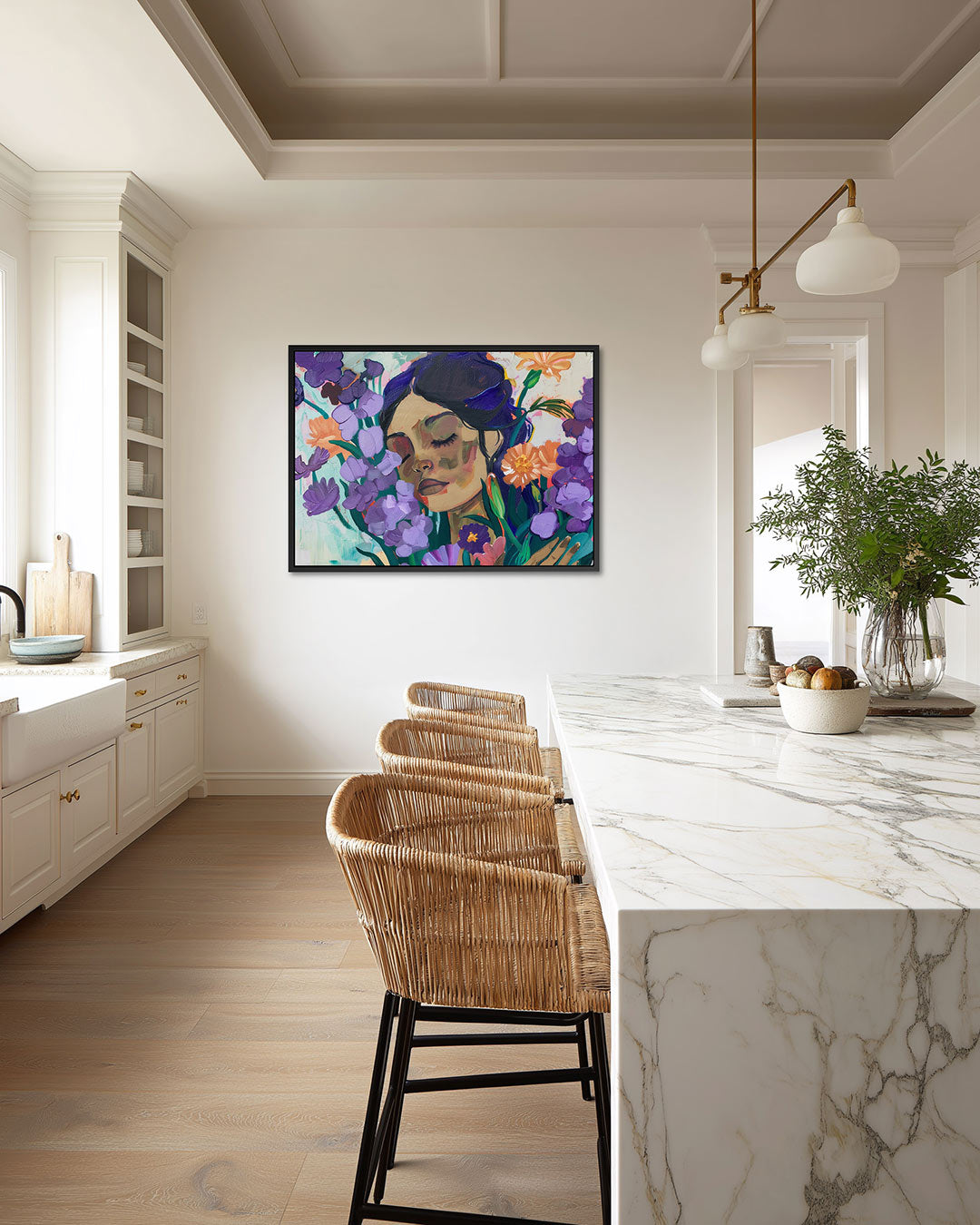 Dromerige bloemenportret – liggende wanddecoratie