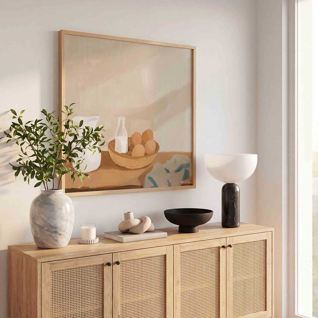 Stilleven met karaf en eieren – kunst en design poster in vierkant formaat